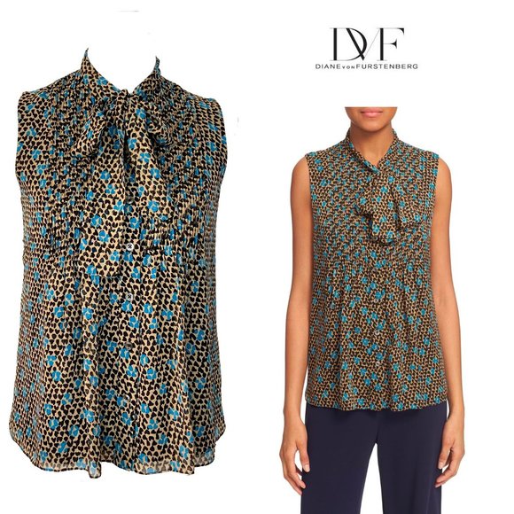 Diane Von Furstenberg Tops - Diane Von Furstenberg Aiden Sleeveless Silk Tie Neck Blouse Top Career Sz 2